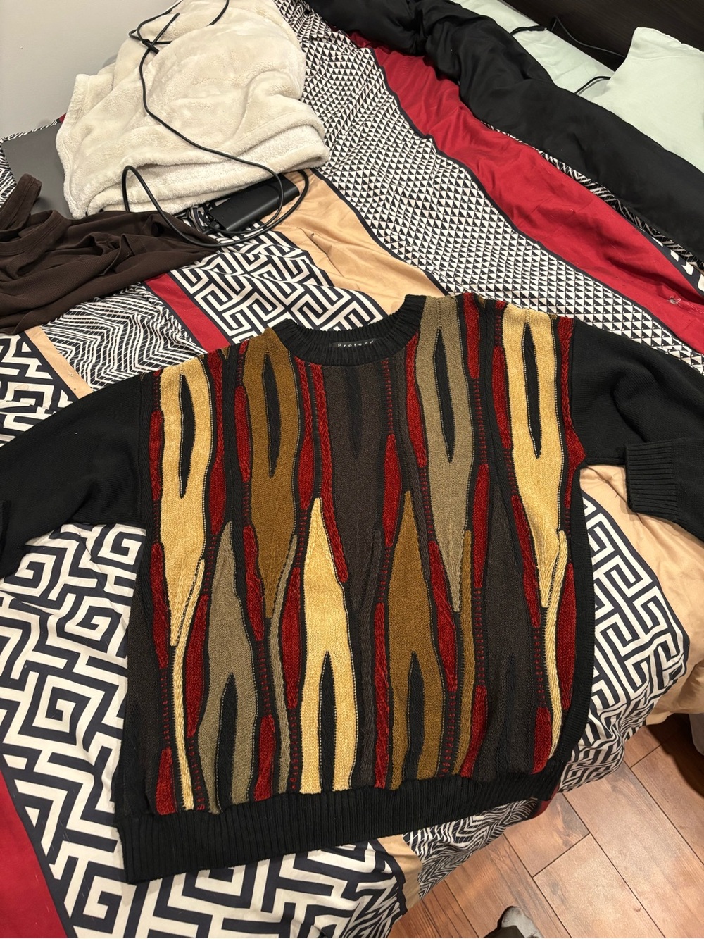 Men's Black Crewneck Sweater with Multicolor Flame Stripe Pattern